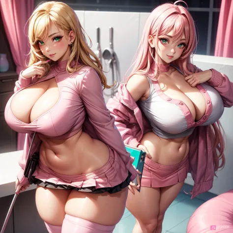 ((1 girls), solo, Big round breasts, trendy, stylish, clevage, thighs, hips, realistic, pink hair, blonde hair, light green eyes, lip gloss, detailed face, amazing big eyes, eye details, big lips, eyebrow details, pink mini skirt, crop top blush, confident...