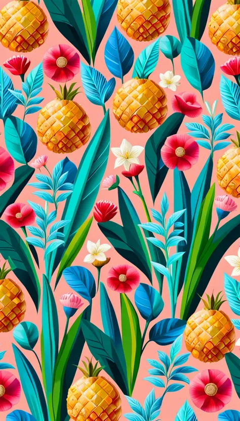 seas of ((colourful summer vibes flower and fruit)) million small ((yellow pineapple, blue butterfly)) in the (pink light color ...