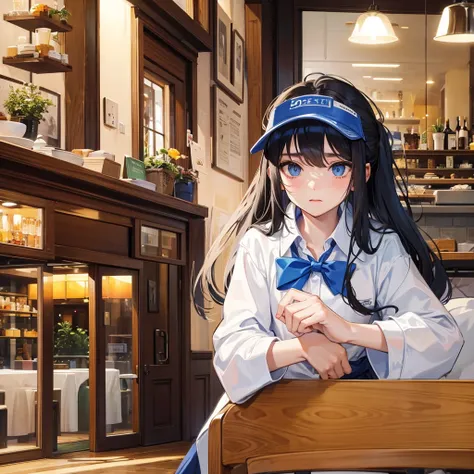 A restaurant attendant, wearing a visor, thin, long hair, blue eyes, shy.