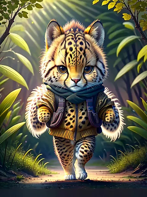 best image quality、"Create your own cute animal masterpieces、Cheetah、（The place is a forest）, high detail, in 8K、best image quality、dressed as an adventurer、With shuriken in hand、Ninja Hero Costume、(((cute)))、Walking towards the morning sun