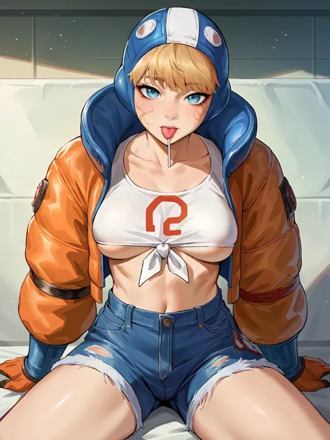 score_9, score_8_up, score_7_up, source_anime, 1girl, solo, tied crop top, boob window, cow pattern crop top, no bra, big , denim shorts, sitting, glazing lollipop, licking lollipop,  apex legends,  wattson, front view, looking at viewer, ikuchan