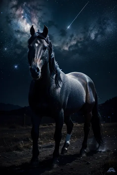 Generate an image of a majestic celestial horse with a coat of shimmering stars galloping through the cosmic expanse, its mane a trail of nebulae