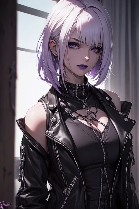 a punk girl, student, hooligan, short messy white hair, purple eyes, black punk clothes, punk, chains, black sleeveless top, bag...