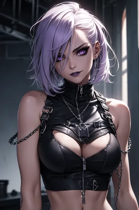 a punk girl, student, hooligan, short messy white hair, purple eyes, black punk clothes, punk, chains, black sleeveless top, baggy black pants, sadistic smile, aggressive, dark purple lipstick, thug, (best quality,4k,8k,highres,masterpiece:1.2),ultra-detai...