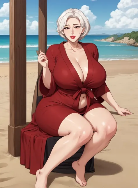 1 girl, bathrobe, sitting on the beach, full body (mature woman: 1.5), seductive smile, ara ara
masterpiece, best quality, intricate details, anime screenshot, flat color, mature woman, brown eyes, white hair, red lips, very large breasts, swollen lips, sh...