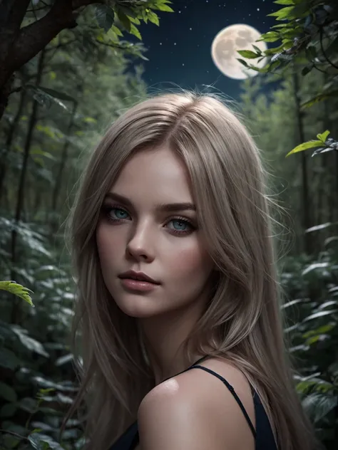 by Wlop, Un énorme loup gris sauvage protégeant une belle fille aux cheveux blonds, forêt enneigée la nuit avec la pleine lune(head of&#39;artwork: 1.5) (photorealistic: 1.1) (bokeh) (best quality) (Detailed skin texture pores hair: 1.1) (complexe) (8K) (h...