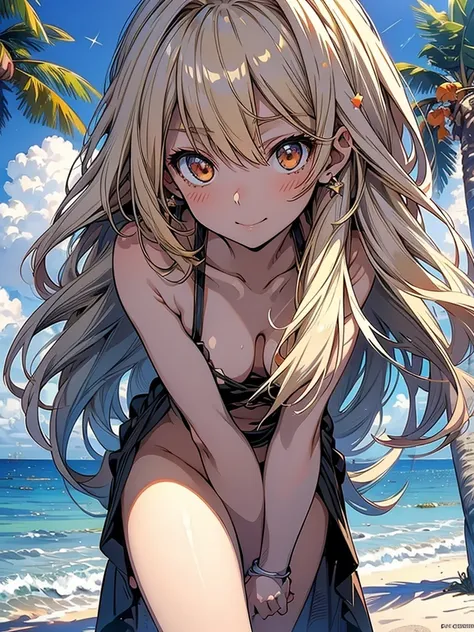 masterpiece, rich colors, Best quality, detailed, high resolution, Hyper quality, high detail, , high quality, detailing, skinny sexy girl on the beach , bright lighting , Brown eyes, Anime, palm trees, bright lighting, blonde,