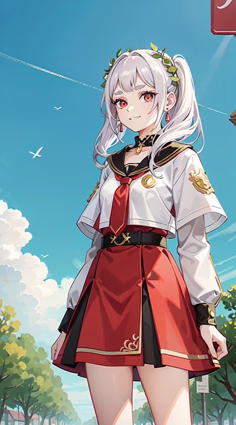 young girl, (medium white hair), pigtails, red-eyes, red T-Shirt, mini skirt, Via Hanifa, Masterpiece, high quality, standing, looking at the viewer, smug grin, anime, best quality, masterpiece, HD, standing outside, field in background, blue skies, full b...