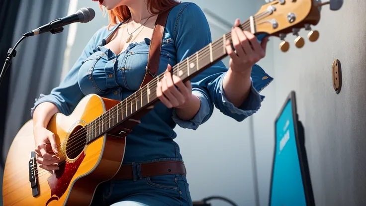 Woman playing guitar and singing , full body, big , 