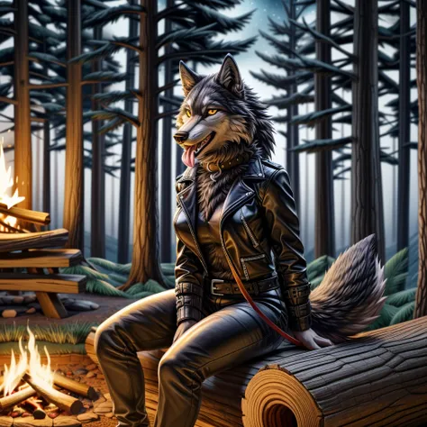 sitting in front of campfire on log, female, 30 years old, happy, mouth open with tongue hanging out, black leather jacket, anth...