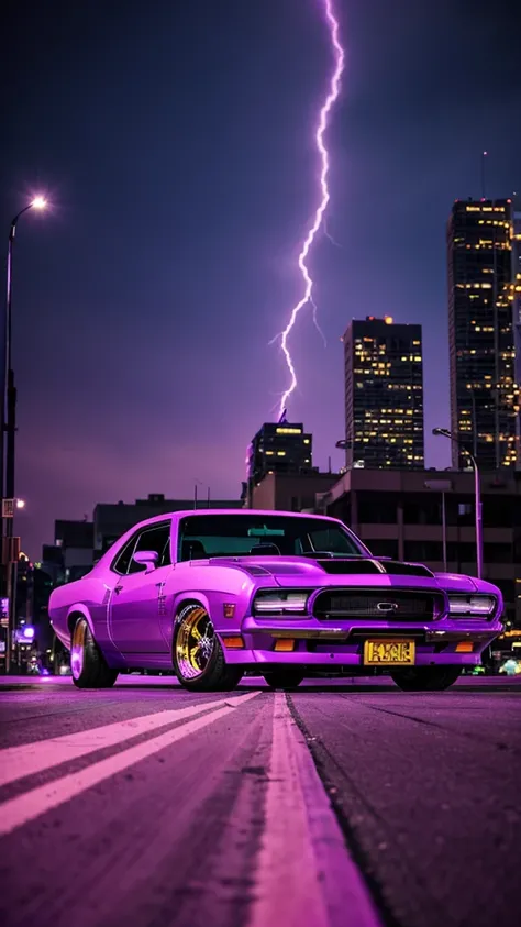 purple car with hood open on street with buildings in background, lowrider style, swagger! lowrider culture, purple neon, muscle cars, purple glow, lowriders, glowing purple, ultraviolet and neon colors, purple - tinted, low purple flame, purple tornado, p...