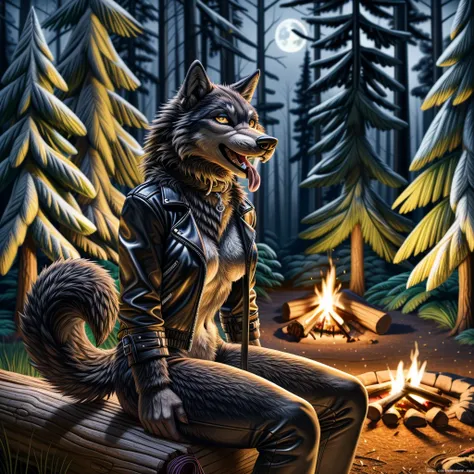 sitting in front of campfire on log, female, 30 years old, happy, mouth open with tongue hanging out, black leather jacket, anth...