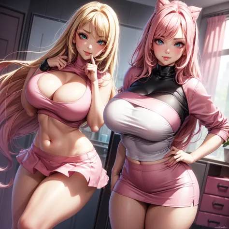 ((1 girls), solo, Big round breasts, trendy, stylish, clevage, thighs, hips, realistic, pink hair, blonde hair, light green eyes, lip gloss, detailed face, amazing big eyes, eye details, big lips, eyebrow details, pink mini skirt, crop top blush, confident...