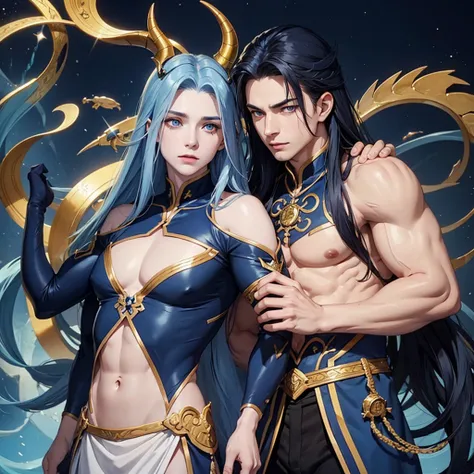 Young man, long deep blue hair, draconic blue water scales on skin, pale skin, golden eyes, navy blue horns curved backwards, serene expression, attractive muscles, traditional clothes