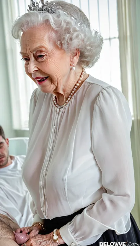 (holding penis:1.3), (penis cum:1.4), (huge breast:1.6), (queen elizabeth 90yo holding penis at hospital), (look down:1.4), (profile side), (excessive cum on blouse:1.4) (nsfw:1.4), (white chiffon blouse:1.5), (black skirt:1.3), (from belove:1.4)