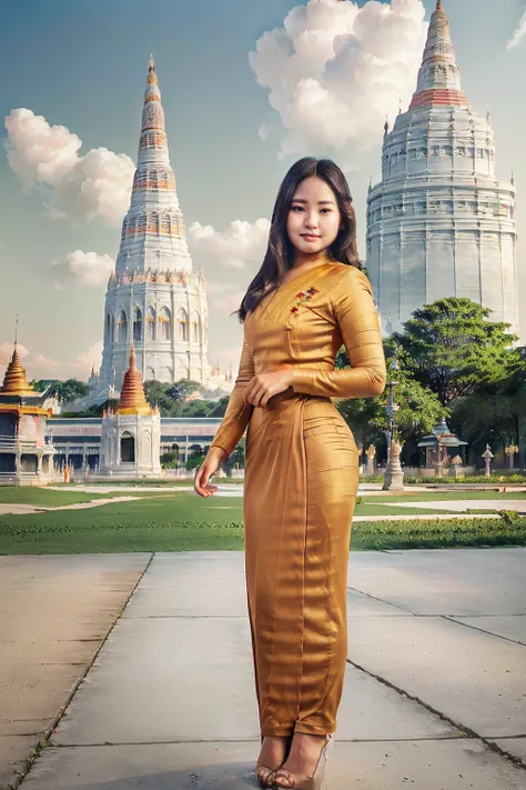 arafed asian woman in a satin dress standing in front of a crowd, (((full body view:2))), ((pretty lady MoonLay:1.2)), (pretty lady MoonLay), ((((pretty lady MoonLays innocent cute face and cute small smile:1.3)))), (random other girls), ((wearing Myanmar ...