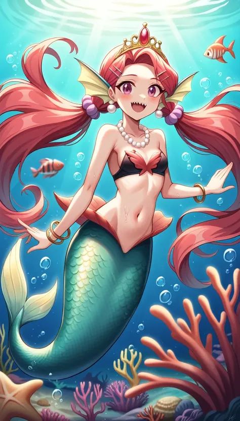 (best quality,4k,8k,highres,masterpiece:1.2),ultra-detailed, Pretty 15 years old princess magically transformed into a beautiful mermaid, drawn in anime style,race swap, fantastic transformation, none human, steampunk, fish like, wet body, surrounded by sm...