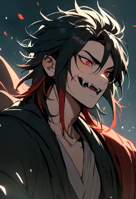 a boy with big fangs, black hair and red tips and he is beautiful 