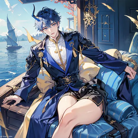 Young man, 1man, short deep blue hair, draconic blue water scales on skin, pale skin, golden hunter eyes, navy blue horns curved backwards, serene expression, traditional clothes