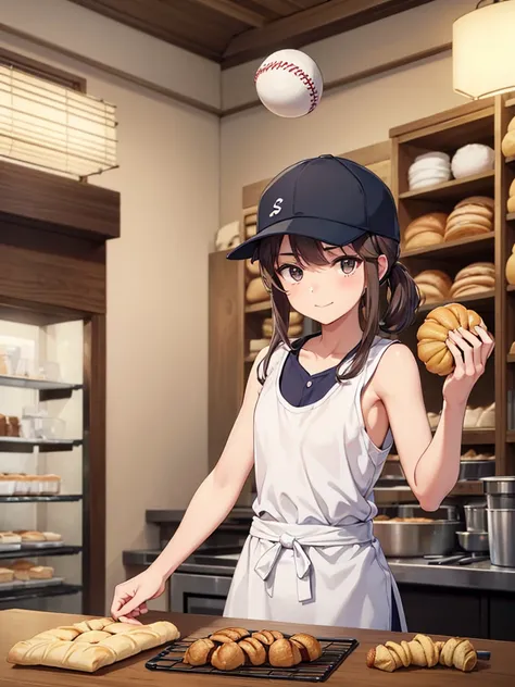 ((nekomimi)),((Baseball cap)),((Sleeveless baseball uniform)),Talented bakers carefully crafting the perfect dough for flaky pastries. The image is、Introducing a fully equipped bakery with stainless steel countertops and a full set of baking tools. bakery,...