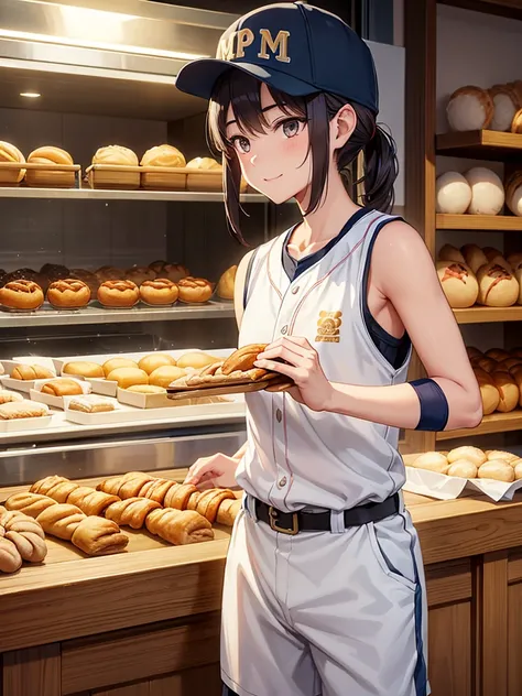 ((nekomimi)),((Baseball cap)),((Sleeveless baseball uniform)),Talented bakers carefully crafting the perfect dough for flaky pastries. The image is、Introducing a fully equipped bakery with stainless steel countertops and a full set of baking tools. bakery,...