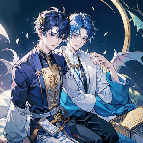 Masculine man, 1man, deep blue hair, draconic blue water scales on skin, pale skin, golden hunter eyes, navy blue horns curved backwards, serene expression, traditional clothes