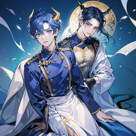 Masculine man, 1man, deep blue hair, draconic blue water scales on skin, pale skin, golden hunter eyes, navy blue horns curved backwards, serene expression, traditional clothes