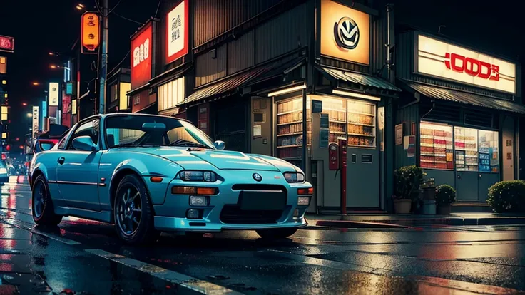 (Japanese convenience store), solo, ((1 girl)), ((crouching)), (crouched), beside a 1990 Mazda MX5, (3/4 full body side profile), ((car)), JDM, BMW E30, Honda NSX, Toyota AE86, night time, starry, cyberpunk art style, sidewalk, vibrant, beautifully detaile...