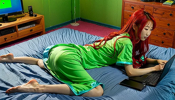 Uhd, photo of Cami, subject: Noriko, 1/2 Japanese 1/2 Hainu skinny girl with long red hair lying in a bed using the portable computer on the bed, viewed from behind, blue+++ eye, LGBTQIA+, queer, punk style, wearing green long nightgown. Background: wooden...