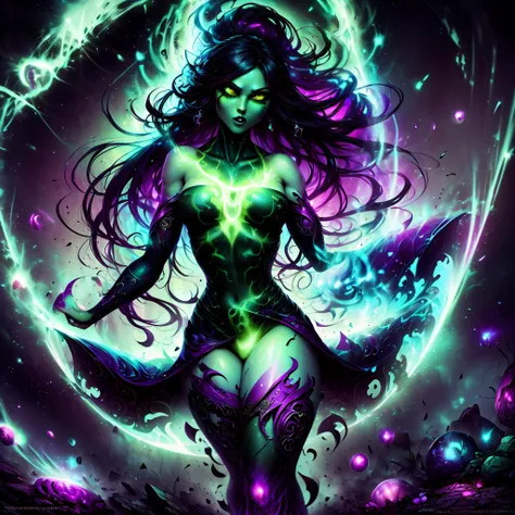 psychedelic relexed beautyfull She Hulk in a Trance world, angels and deamons dancing, swirling rainbows, psycodelic, tight bright blue dress, green skin,insanevoid, glowing eyes, extra eyes, horror (theme)