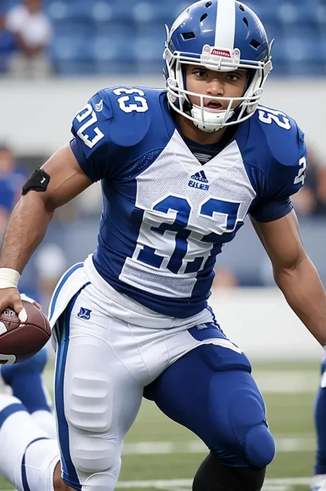 Create a male football player with the blue and white uniform 