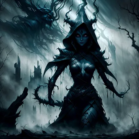 a hauntingly beautiful yet terrifying scene of a witch in the depths of her dark forest domain. she stands tall and imposing, cl...