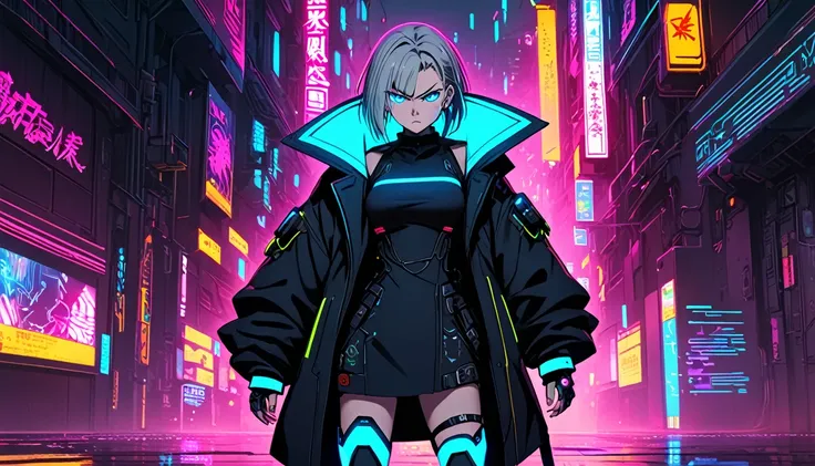 Angry girl 1 person, full body, cyberpunk, blue eyes, glowing eyes, black coat, open coat, neon, teen