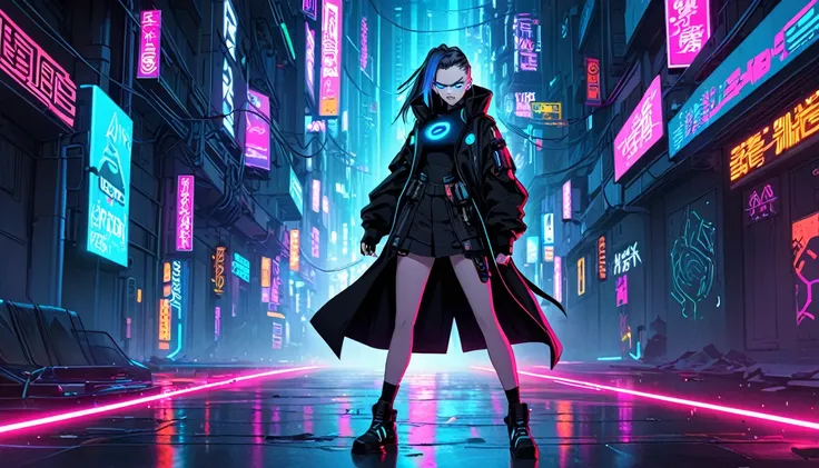 Angry girl 1 person, full body, cyberpunk, blue eyes, glowing eyes, black coat, open coat, neon, teen