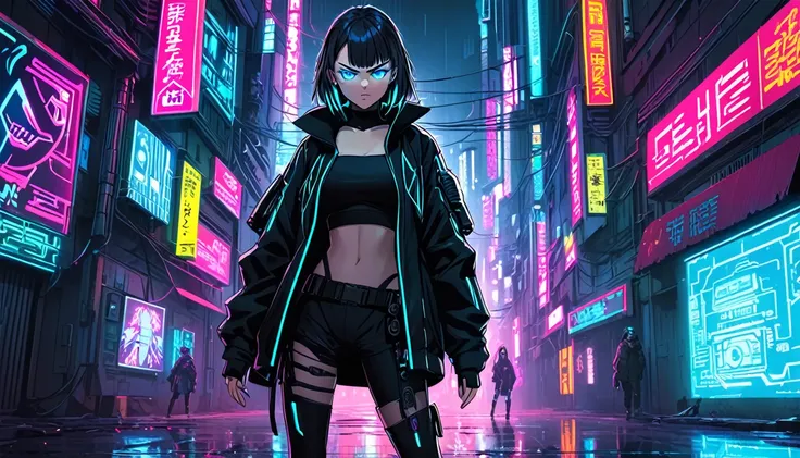 Angry girl 1 person, full body, cyberpunk, blue eyes, glowing eyes, black coat, open coat, neon, teen