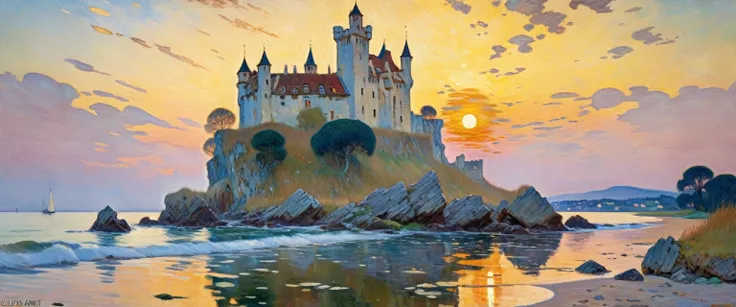 (((Sunrise time, amazing morning ruins of an old castle on the shore))), high quality, masterpiece,((Gustav Klimt style)), barocque, oil painting knife, ((best quality, masterpiece)), (high detail), impressionism:1.1, 8k