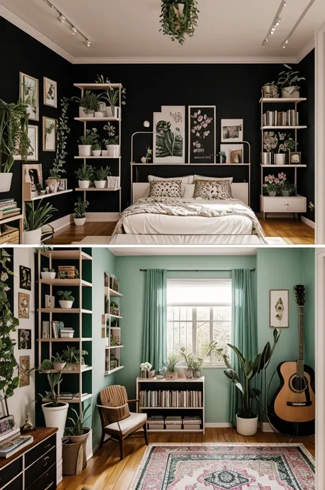 
The room design of a girl who loves flowers and plants, books and musical instruments and likes the theme of her room to be black
