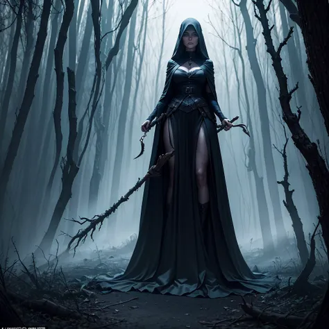 a hauntingly beautiful yet terrifying scene of a witch in the depths of her dark forest domain. she stands tall and imposing, cl...