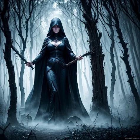 a hauntingly beautiful yet terrifying scene of a witch in the depths of her dark forest domain. she stands tall and imposing, cl...