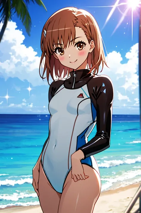 masterpiece, best quality, misaka_mikoto, brown eyes, looking at viewer, solo, small breast, upper body, (swimsuit), beach, outdoor, , smile, close_mouth, ((crossed legs)), ((standing)), lens flare abuse,  one piece suit, body suit, shiny clothes, thicc, o...