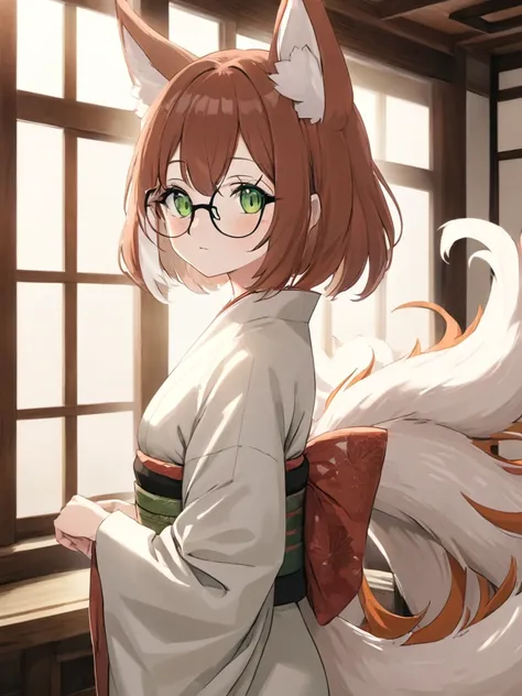 high_quality, 4k, masterpiece, 1girl, solo, shoulder-length graying auburn hair, green eyes, elderly, nine-tailed Kitsune, glasses, Kimono dress, light blush, fair-skinned, looking_at_viewer, indoors