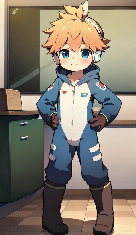 2D Boy Shota，One-piece mountaineering suit，Slim, healthy body，Put the headphones on your head，stand up，goggles，Rabbit ears，happy，Sailor collar，tie，Zipper pulled down，boots，hood，classroom