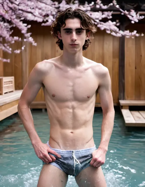 Timothée Chalamet, sweaty teen boy, in water, in japanese sakura cherry blossom sauna, no clothing, far from camera, whole body, braces, age 19, wavy tiktok hair, boxer, bare feet, wearing no t-shirt topless, japanese onsen temple, short fine armpit hair, ...