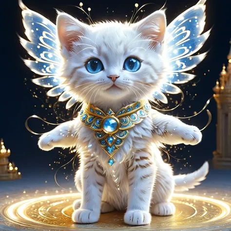 C4tt4stic, Anthropomorphic cute animal character, dressed and bipedal, with human-like posture. The cute animal has human-like limbs and a three-headed body. The cute animal is a white furry kitten with blue eyes, surrounded by countless light particles, e...