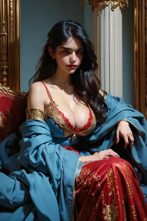 woman , ((ornate classy clothes)) , fit , young , beautiful , (((olive skin))), close-up, heavy soft breasts, ((busty)), seductive stare, dark magical atmosphere, ((red-blue fabric))