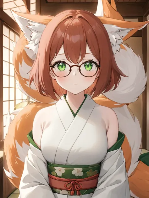 high_quality, 4k, masterpiece, 1girl, solo, shoulder-length auburn hair, green eyes, elderly, nine-tailed Kitsune, glasses, Kimono dress, light blush, fair-skinned, looking_at_viewer, indoors