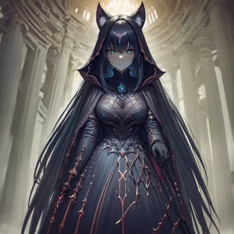 a hauntingly beautiful yet terrifying scene of a witch in the depths of her dark forest domain. She stands tall and imposing, cloaked in shadows, her eyes glowing with an otherworldly light. Despite her eerie allure, theres an undeniable sense of danger em...