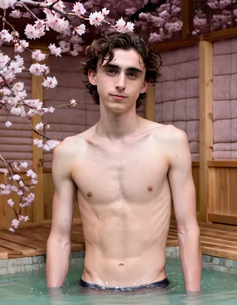 Timothée Chalamet, sweaty teen boy, in water, in japanese sakura cherry blossom sauna, no clothing, far from camera, whole body, braces, age 19, wavy tiktok hair, boxer, bare feet, wearing no t-shirt topless, japanese onsen temple, short fine armpit hair, ...