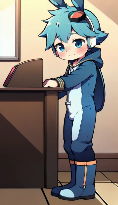 2D Boy Shota，One-piece mountaineering suit，Slim, healthy body，Put the headphones on your head，stand up，goggles，Rabbit ears，happy，Sailor collar，tie，Zipper pulled down，boots，hood，classroom，shy，blush