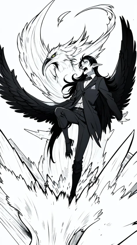 1man,40s,mature male,angry,open mouth,fangs,((wild)),long hair,black hair,pointy ears,harpy,wings,no arms,(white background,line...